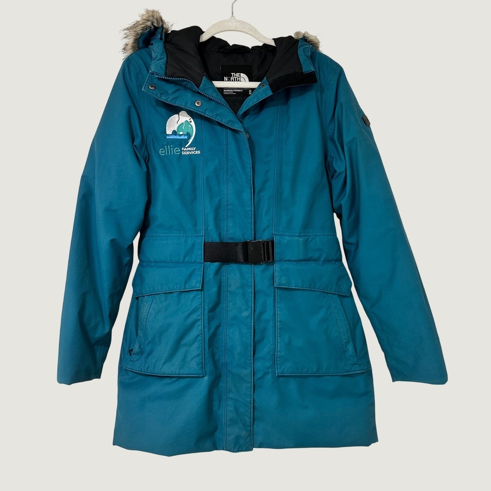 The North Face Women Medium Teal Down Parka Hooded Belted Puffer Jacket Coat M